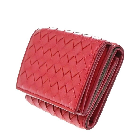 BOTTEGA VENETA INTRECCIATO Trifold Compact Wallet Leather Red Italy - Picture 2 of 13